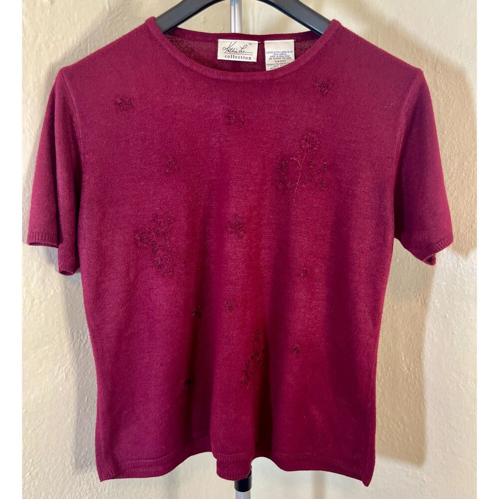 VTG Kathie Lee Collection Embroidered Floral Knit Top - Maroon - Size XL